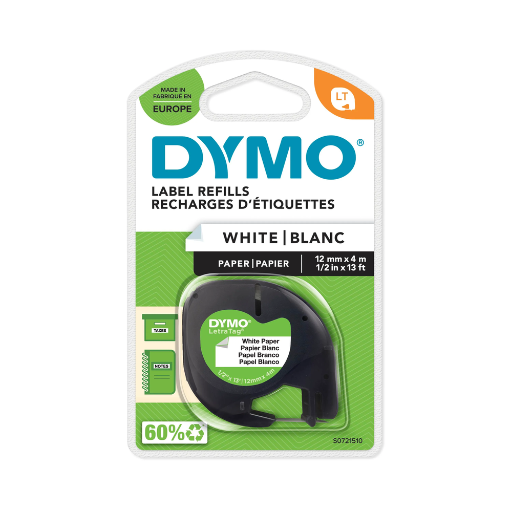 Ruban Etiqueteuse Dymo Letratag 12mm x 4m Blanc