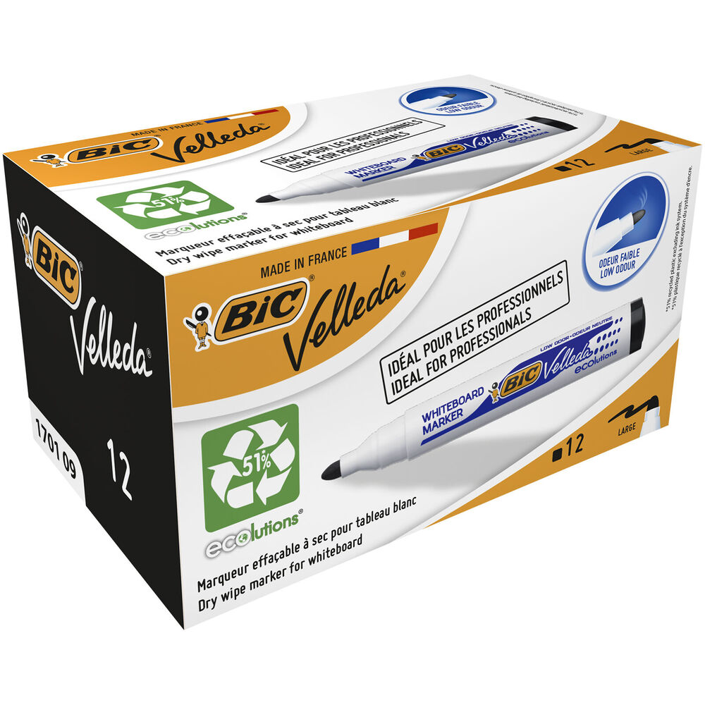 Pack 12 Marqueur Tableau Effaçable Whiteboard Bic Velleda Noir