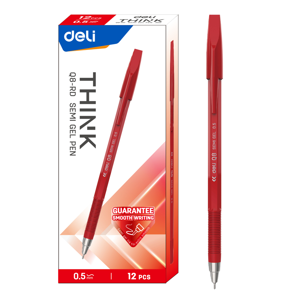 Paquet 12 Stylos Semi Gel Deli Think Q8-RD 0.5mm Rouge