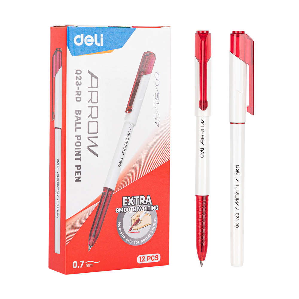 Paquet 12 Stylos A Bille Deli Arrow  Q23-RD 0.7mm Rouge