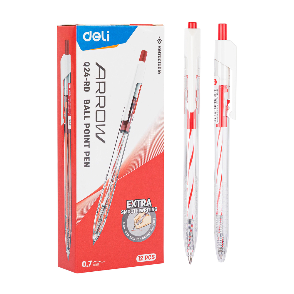 Paquet 12 Stylos A Bille Deli Arrow  Q24-RD 0.7mm Rouge